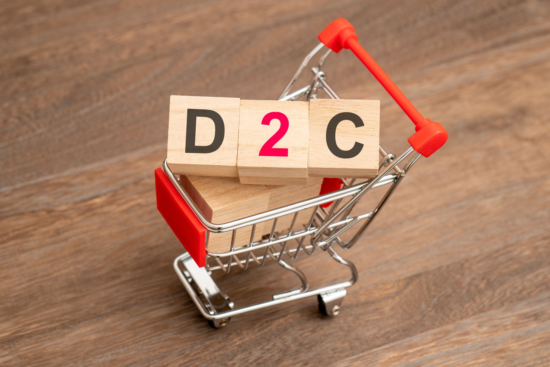 Concept of D2C (Direct to customer), shopping cart and the word “D2C”